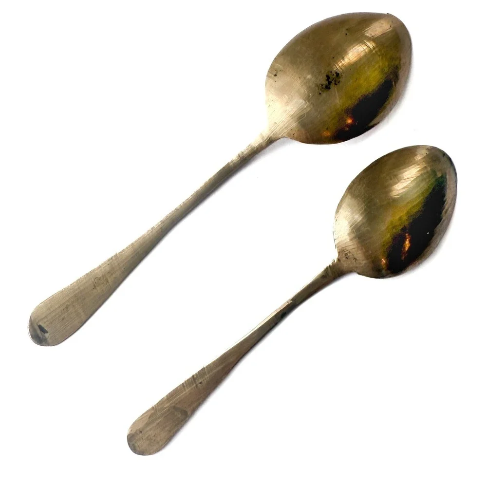 Vintage Hand Forged Brass Spoons Pair - Rustic‎ Primitive Farmhouse Kitchenware
